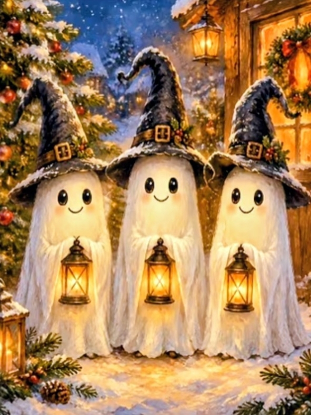 Festive White Ghost Trio Lantern 8x10 Print